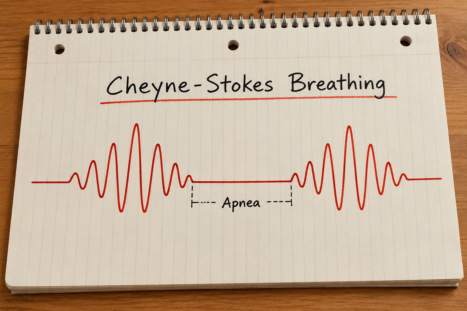 Hand-drawn diagram of Cheyne-Stokes breathing with breaths that rise and fall followed by a pause